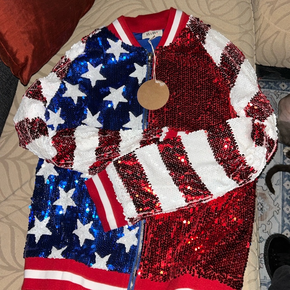 BiBi US Flag Theme Color Block Sequin Bomber Jacket - Picture 10 of 14